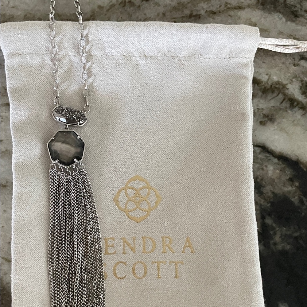 Kendra Scott Silver Tassel Necklace with Gray Faceted Stone